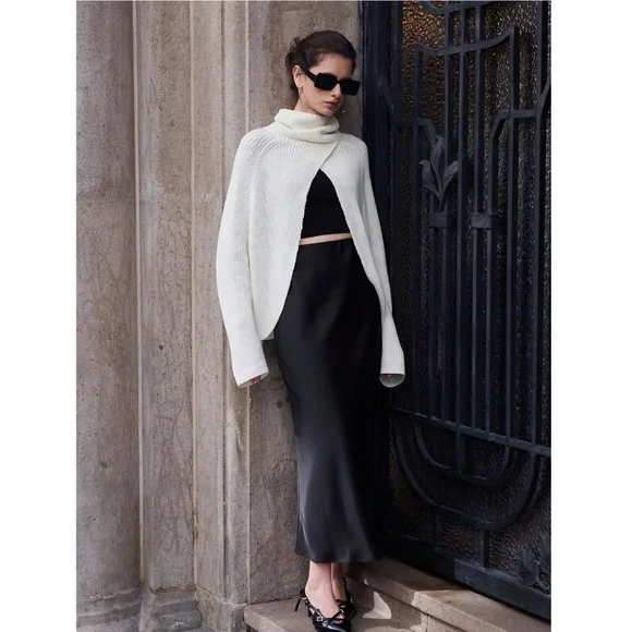 Black Satin A-Line Skirt High Waisted Long - Picture 9 of 14